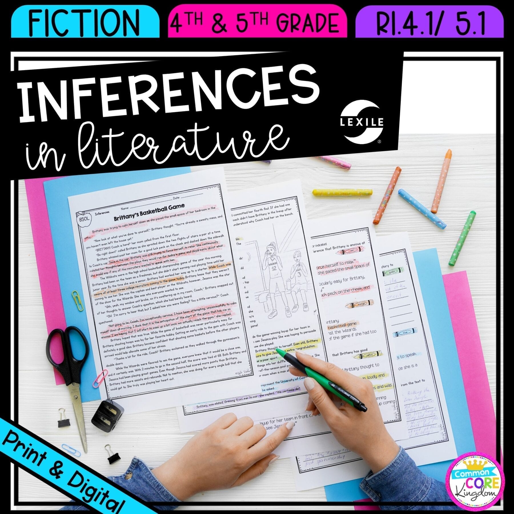 Inferences in Literature for 4th & 5th grade cover showing printable and digital worksheets