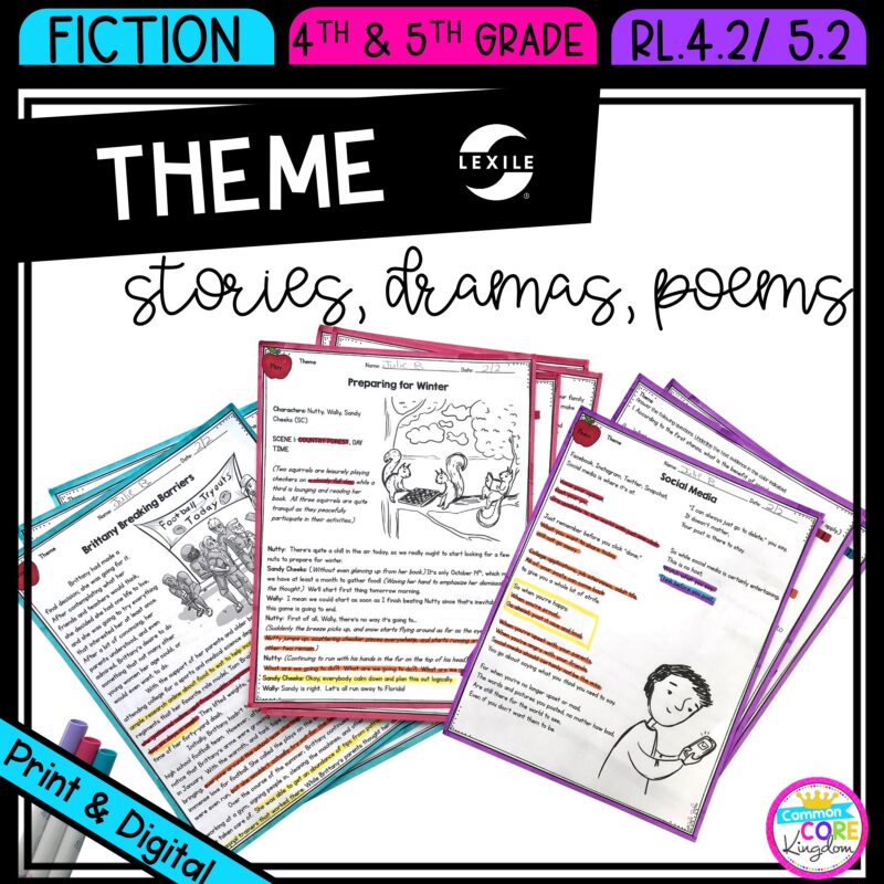 Theme in Stories Plays and Poems for 4th & 5th grade cover showing printable and digital worksheets