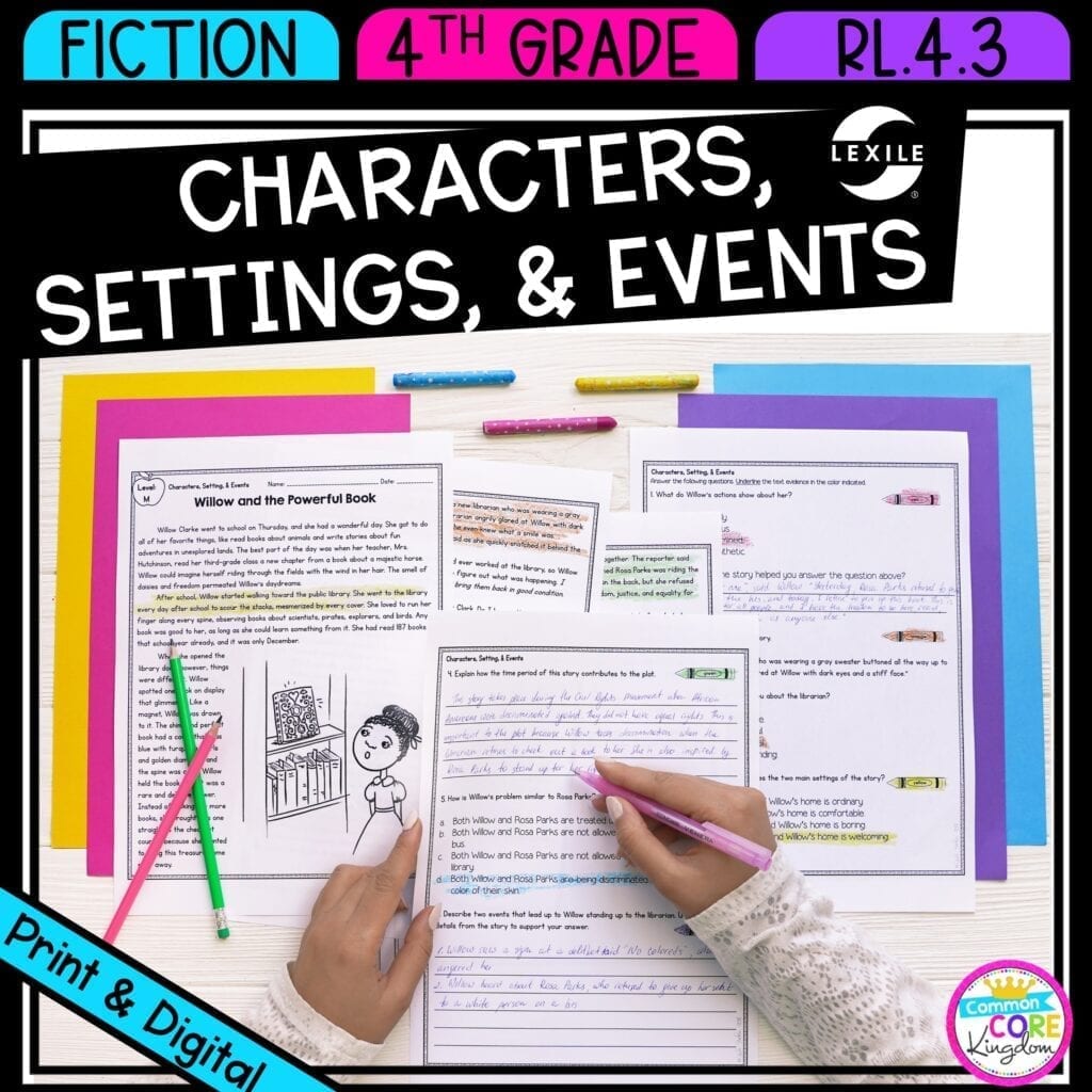 Characters, Setting, and Events in Stories & Drama for 4th & 5th grade cover showing printable and digital worksheets