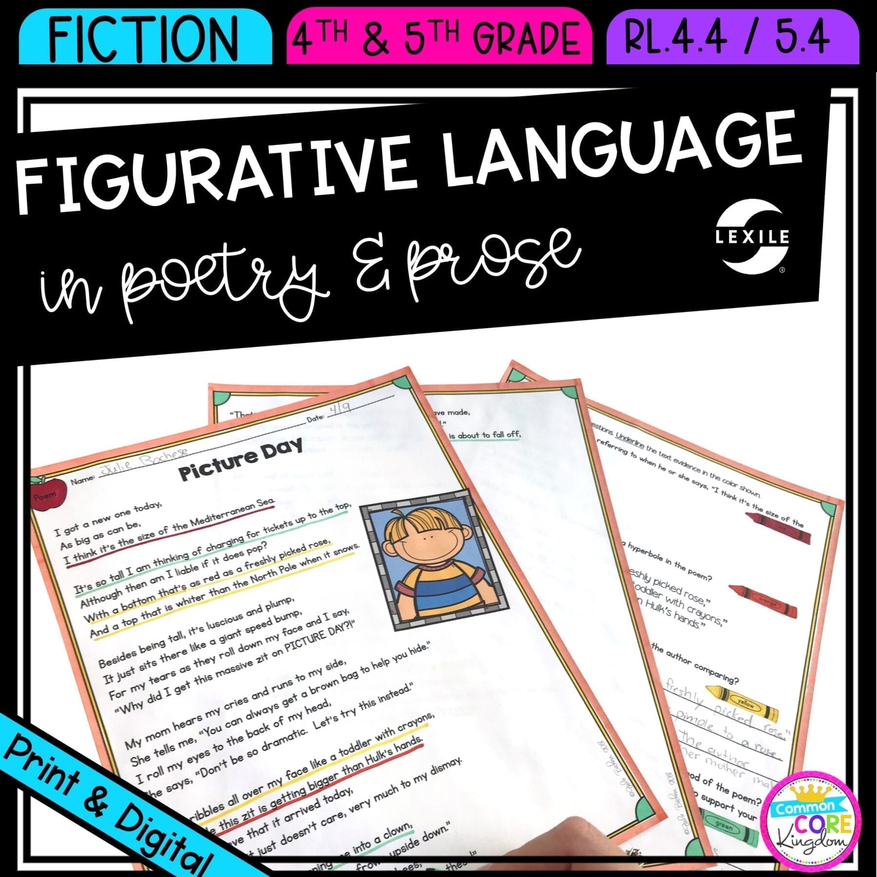 Figurative Language in Poetry and Prose for 4th & 5th grade cover showing printable and digital worksheets
