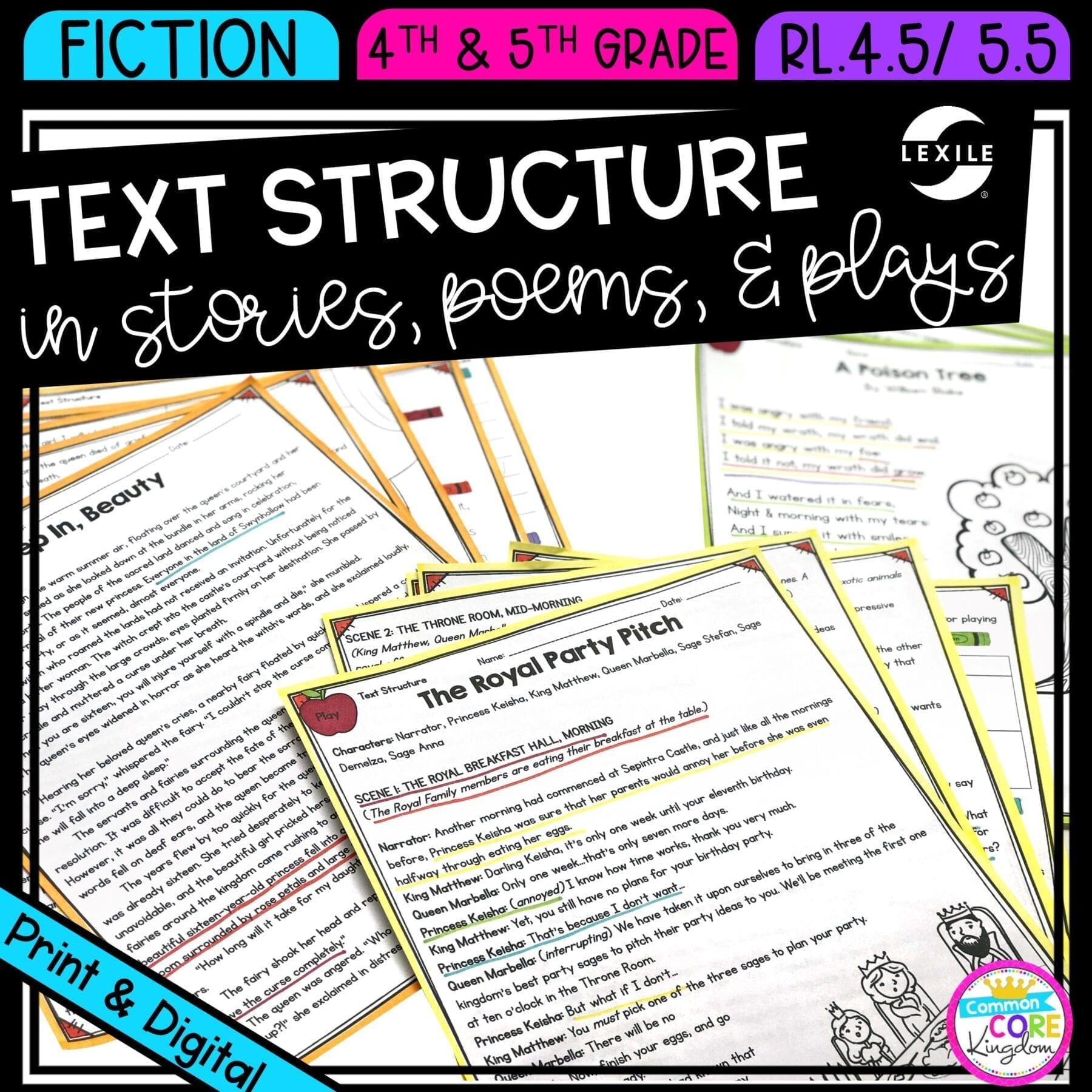 Text Structure in Stories, Poems and Plays for 4th & 5th grade cover showing printable and digital worksheets