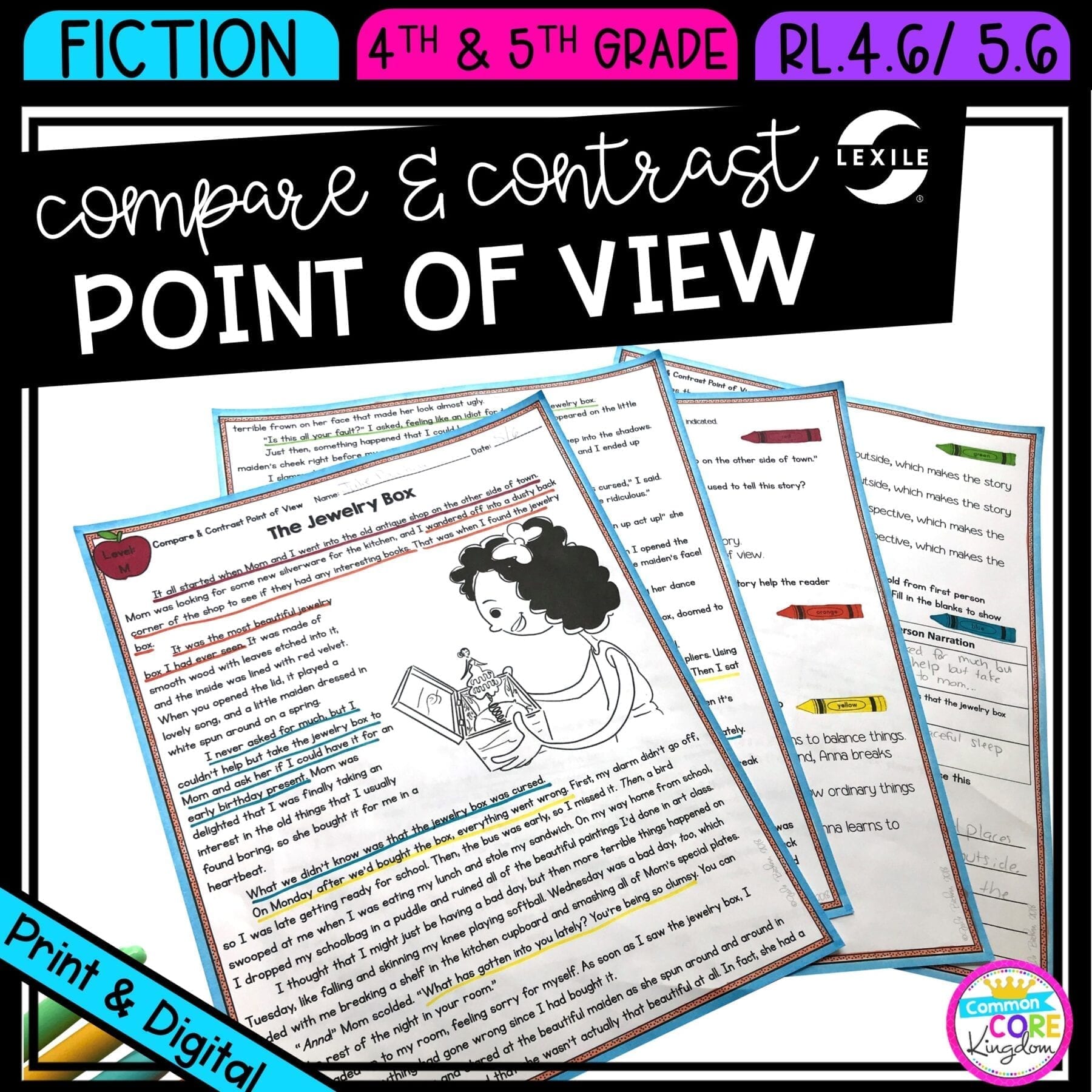 Compare and Contrast Point of View for 4th & 5th grade showing printable and digital worksheets