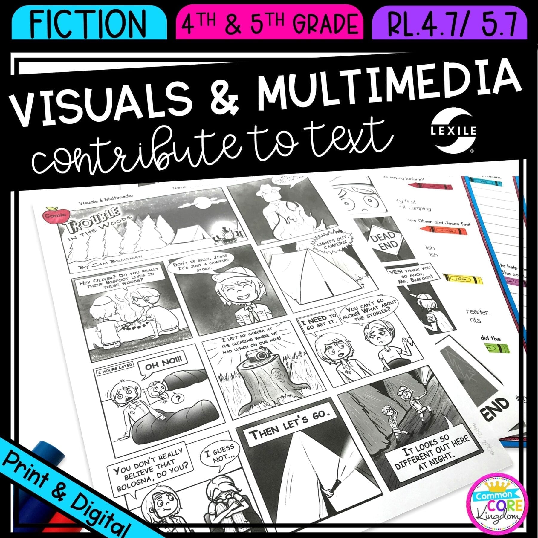 Visuals and Multimedia in Fiction in 4th & 5th grade cover showing printable and digital worksheets