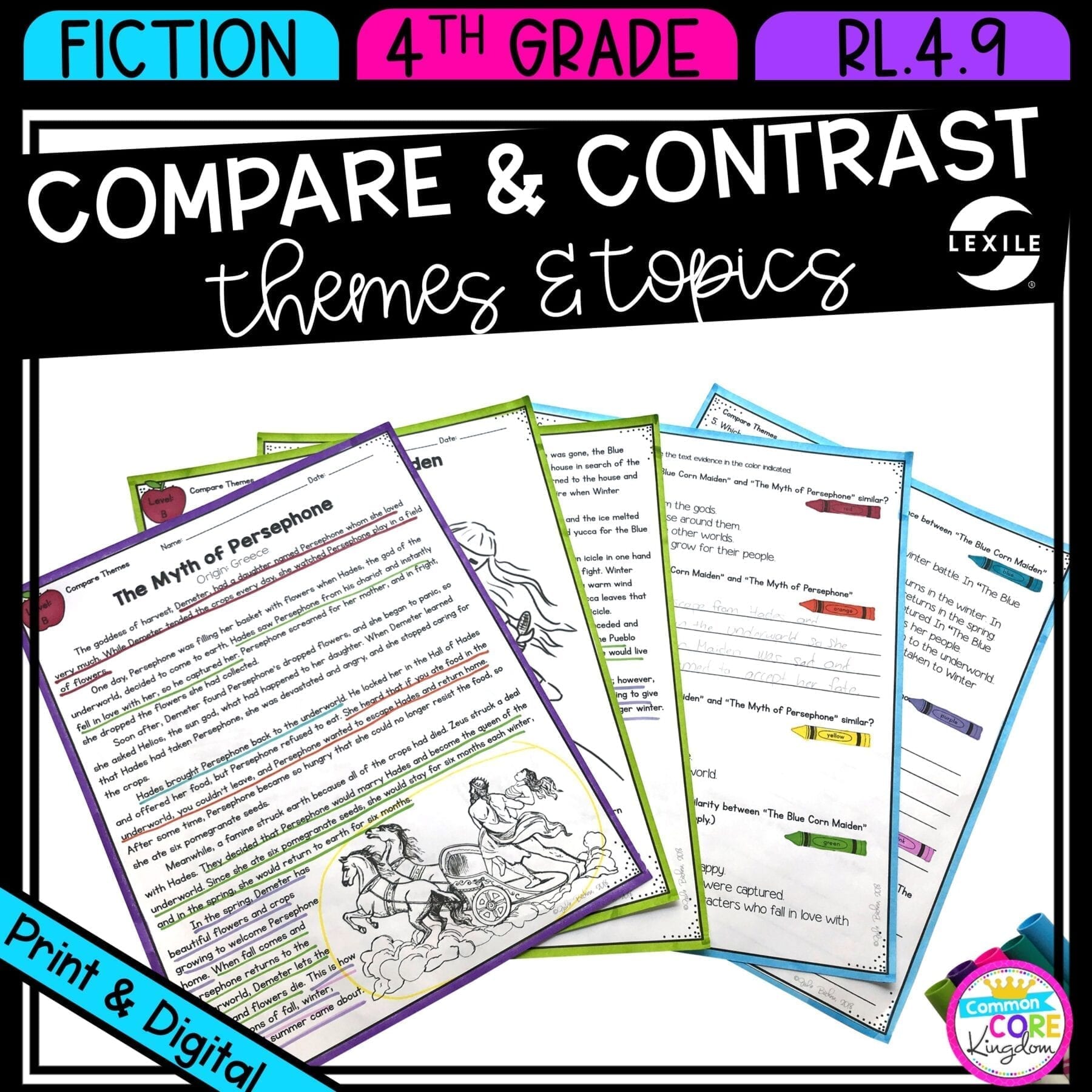 Compare and Contrast Themes in Folktales & Myths for 4th grade cover showing printable and digital worksheets