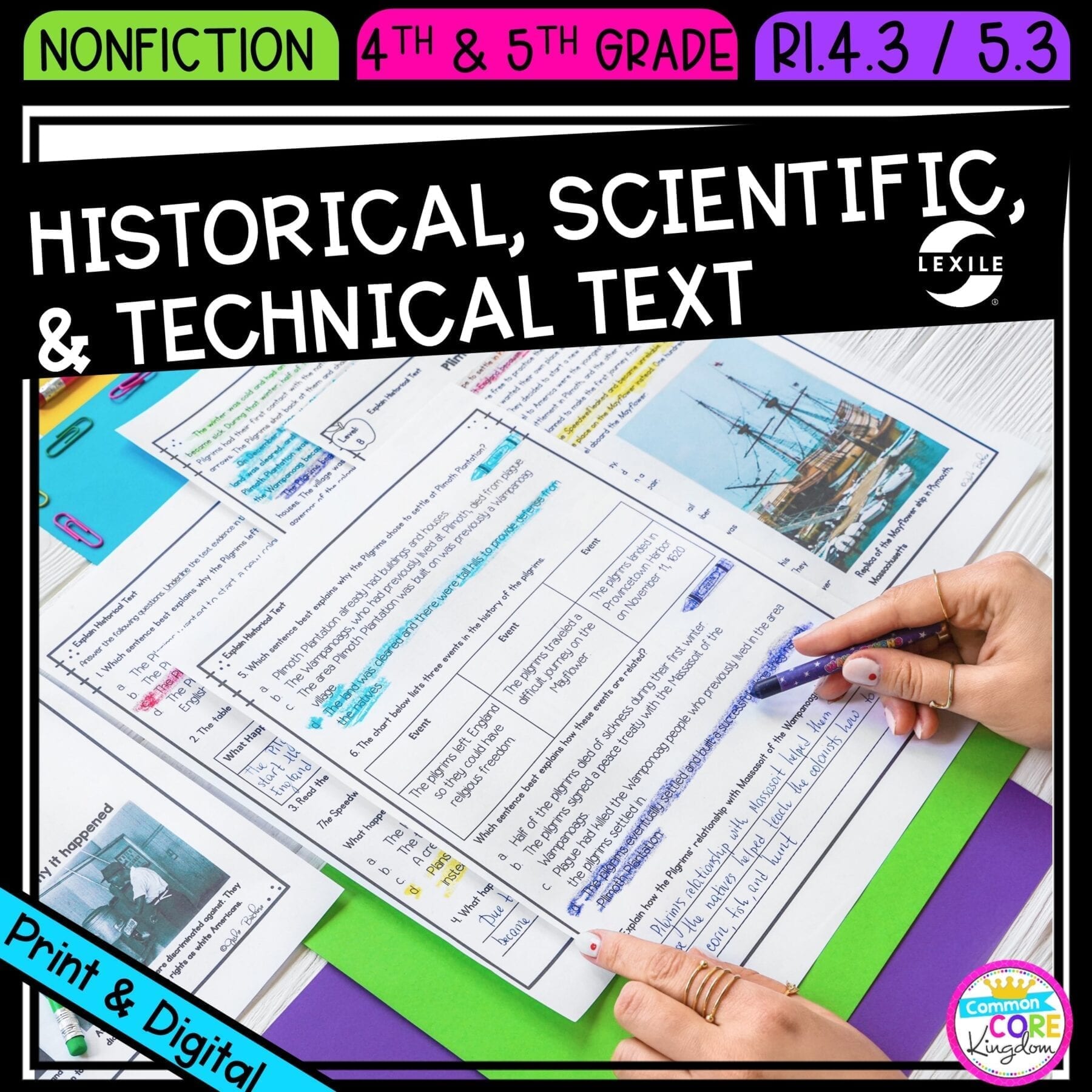 Historical, Scientific and Technical Text for 4th & 5th grade cover showing printable and digital worksheets