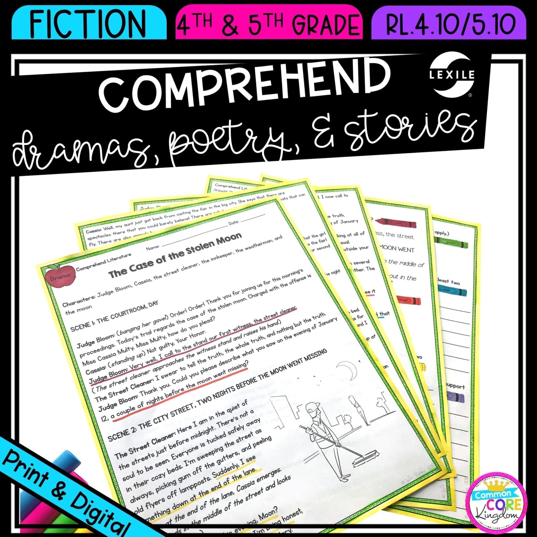 Reading Comprehension in Literature for 4th & 5th grade cover showing printable and digital worksheets