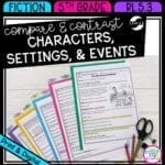 Compare and Contrast Characters, Settings, and Events for 5th grade cover showing printable and digital worksheets