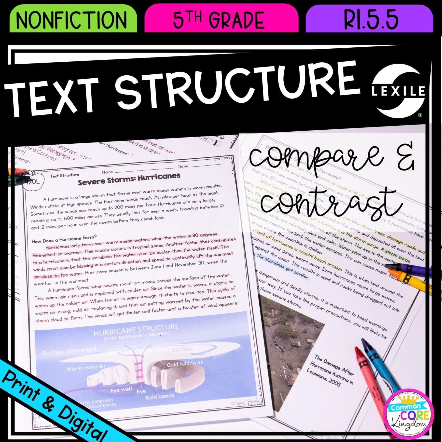 Compare and Contrast Nonfiction Text Structure for 5th grade showing printable and digital worksheets