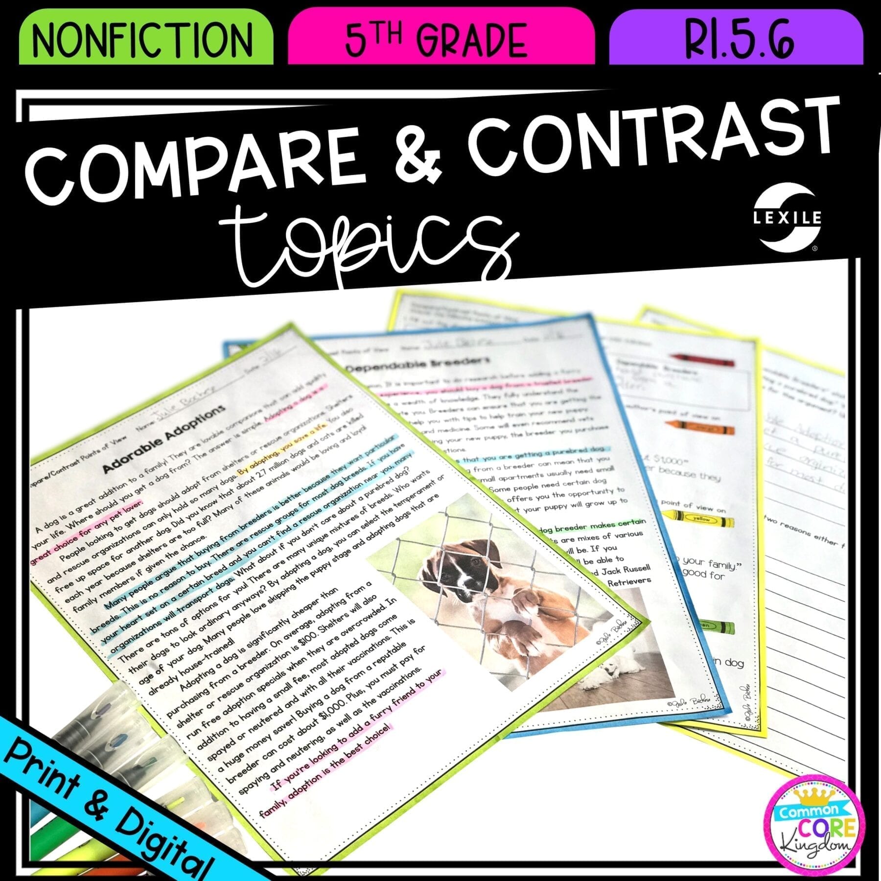 Compare & Contrast Topics from Different Points of View for 5th grade cover showing printable and digital worksheets