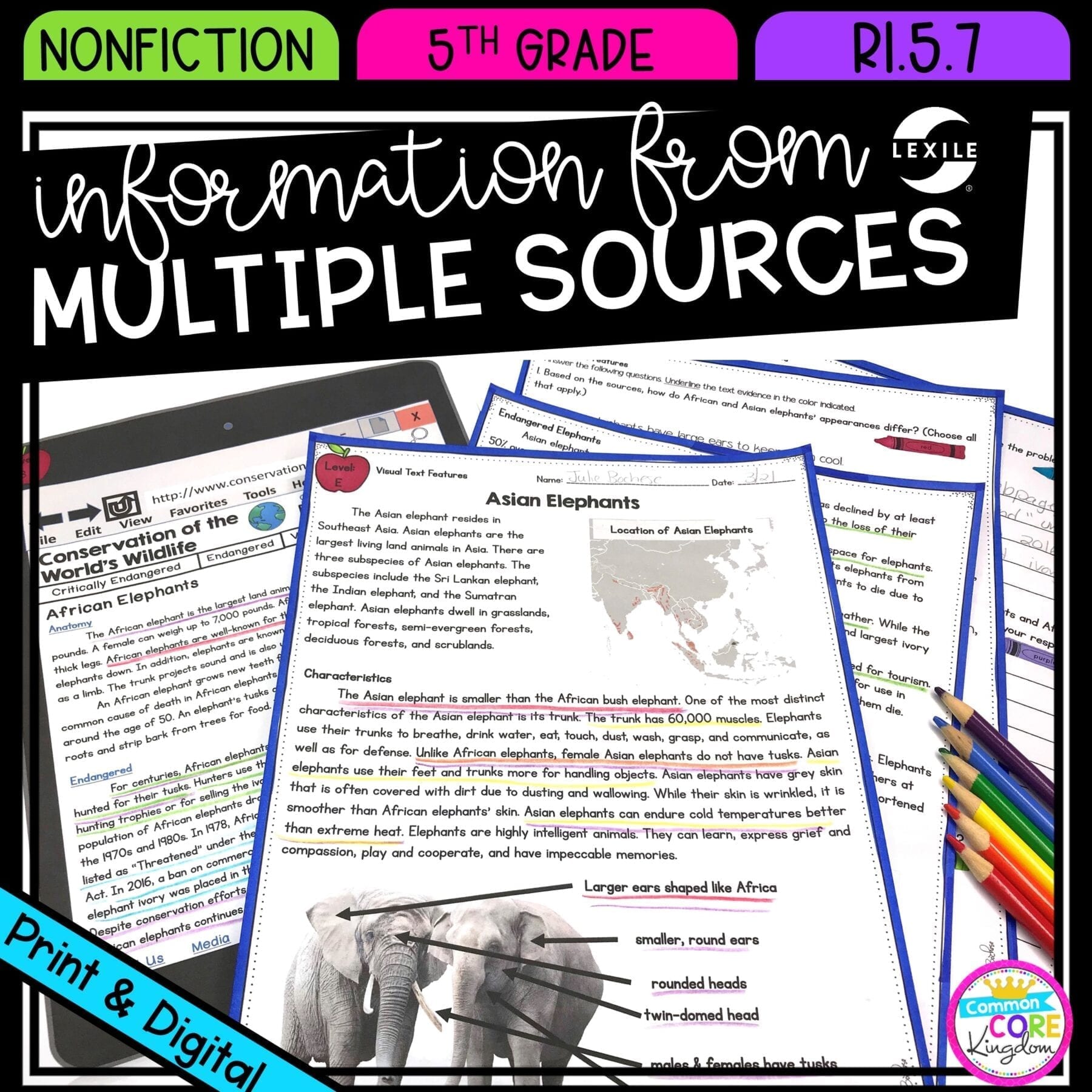 Information from Multiple Sources for 5th grade cover showing printable and digital worksheets