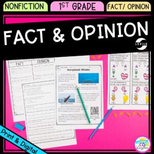 Fact and Opinion cover for 1st grade, showing printable and digital worksheets