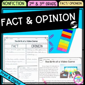 Fact and Opinion cover for 2nd and 3rd grade, showing printable and digital worksheets