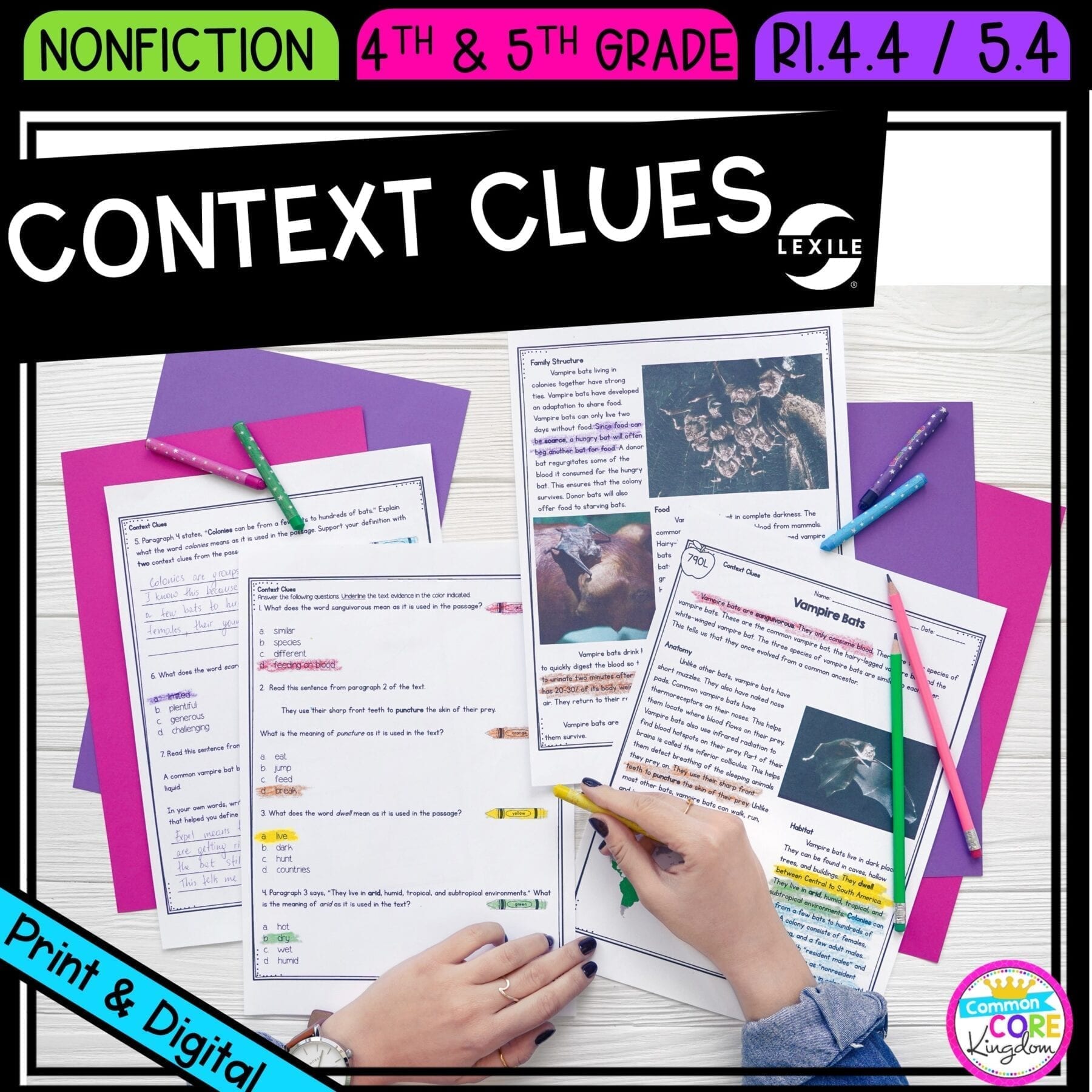 Context Clues in Nonfiction for 4th & 5th grade cover showing printable and digital worksheets