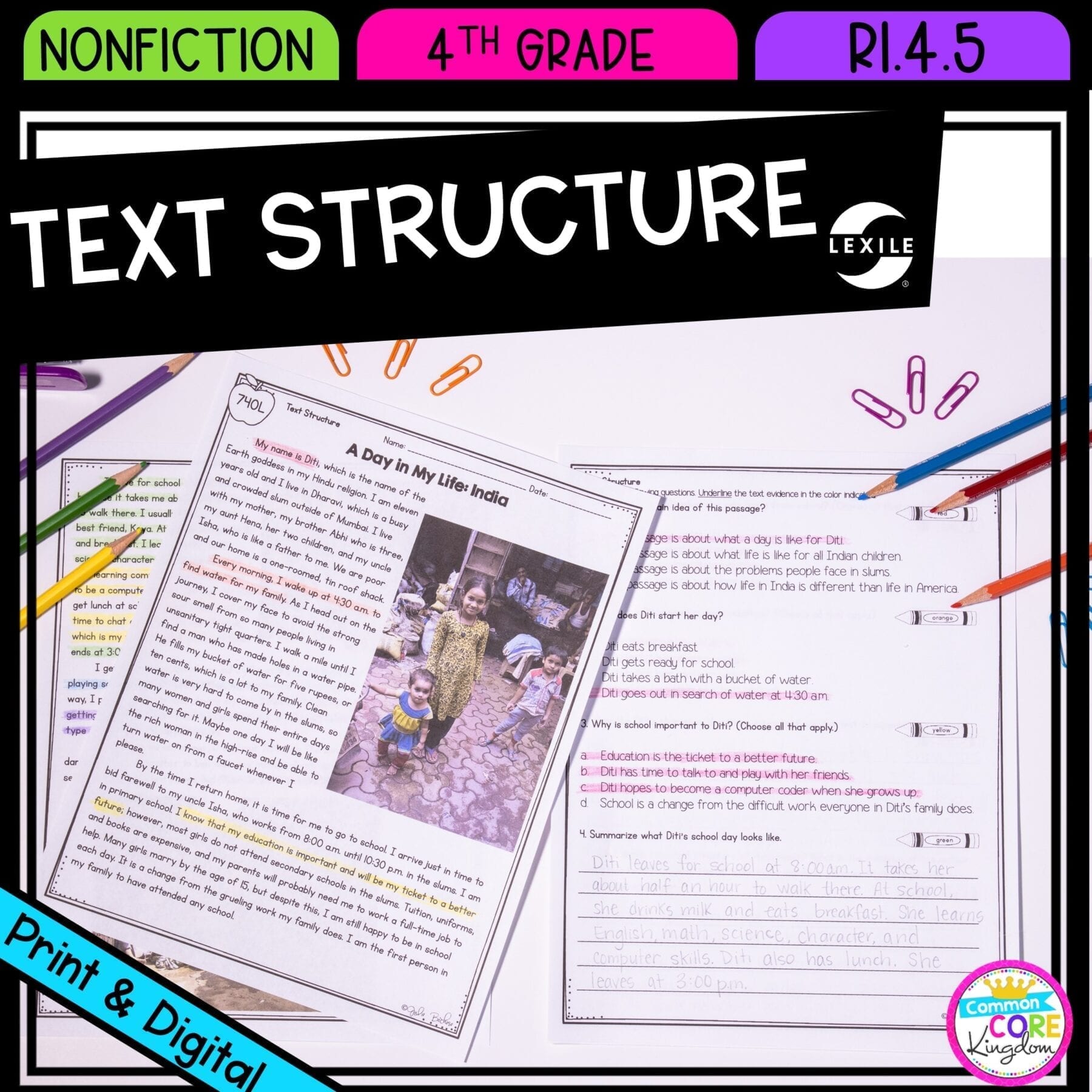 Text Structure in Nonfiction for 4th grade cover showing printable and digital worksheets