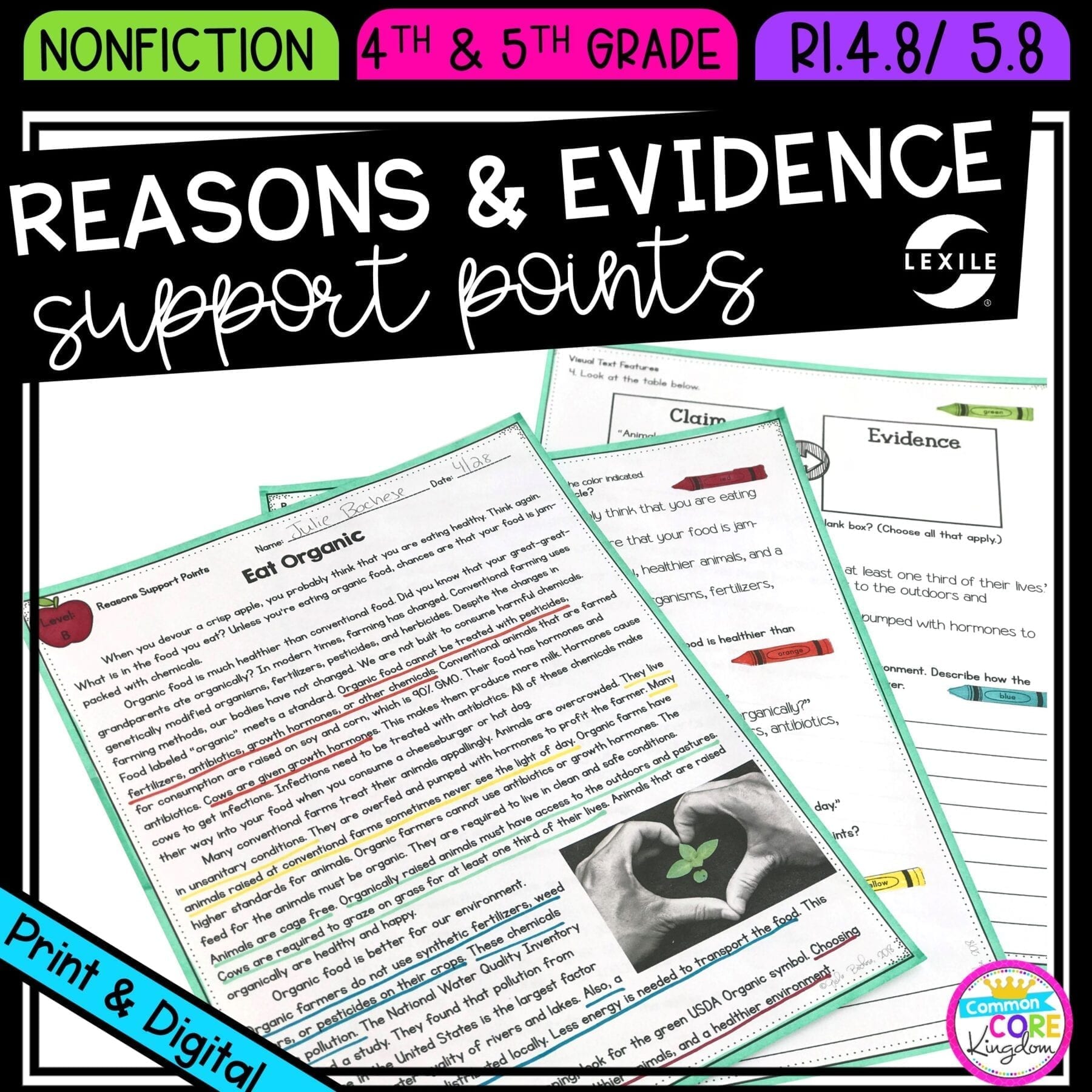 Reasons and Evidence Support Points for 4th & 5th grade cover showing printable and digital worksheets