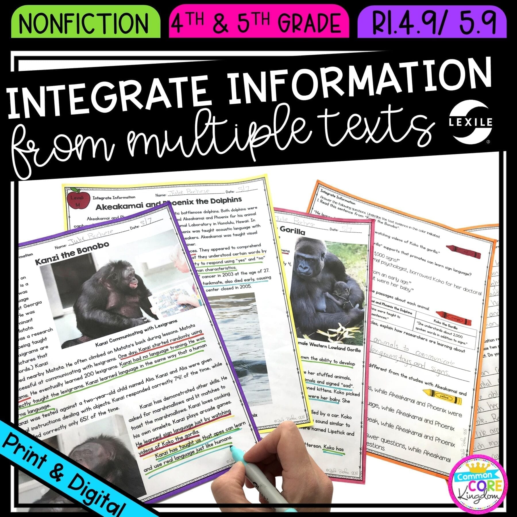 Integrate Information from Multiple Texts for 4th & 5th grade cover showing printable and digital worksheets