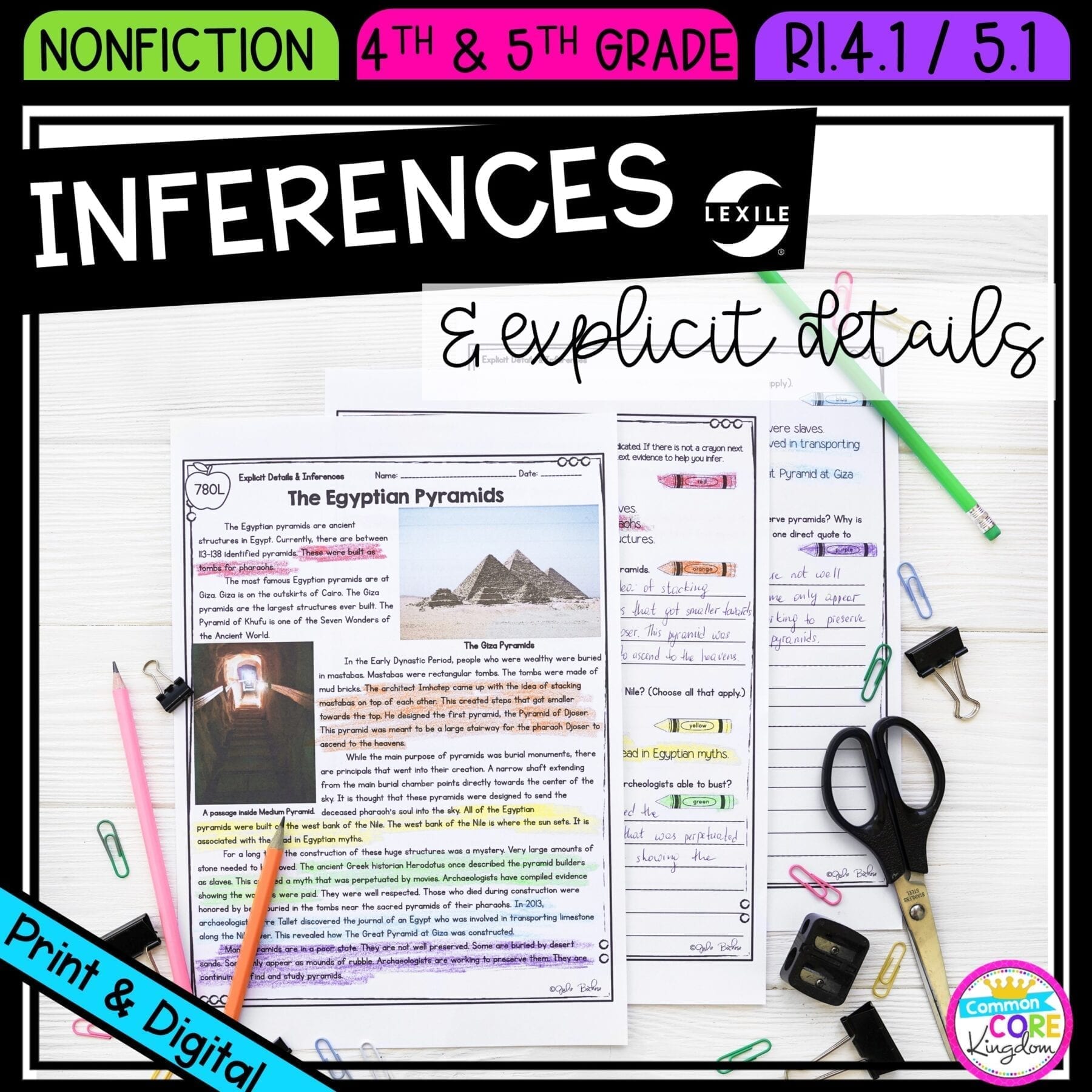 Making Inferences and Explicit Details for 4th & 5th grade cover showing printable and digital worksheets