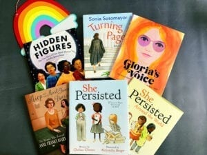 Image showing six upper elementary books with women's history themes that the author uses to teach women's history month.