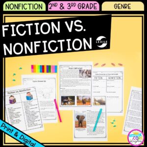 Fiction Vs. Nonfiction cover for 2nd & 3rd grade showing printable and digital worksheets
