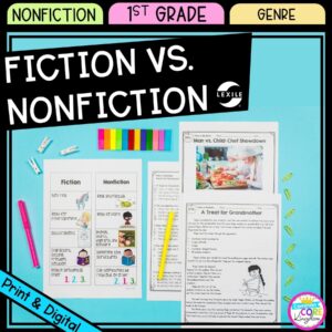 Fiction vs. Nonfiction 1st Grade cover showing printable and digital worksheets