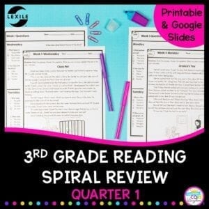 3rd grade reading spiral review cover showing printable worksheets and google forms