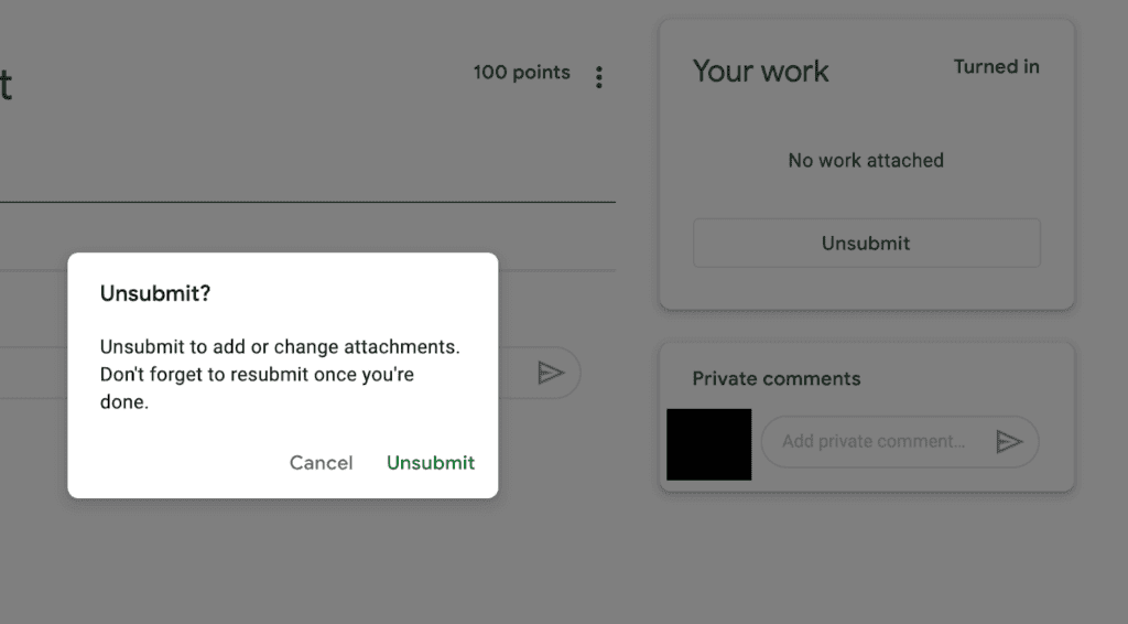 Google Classroom Unsubmit Screen Shot