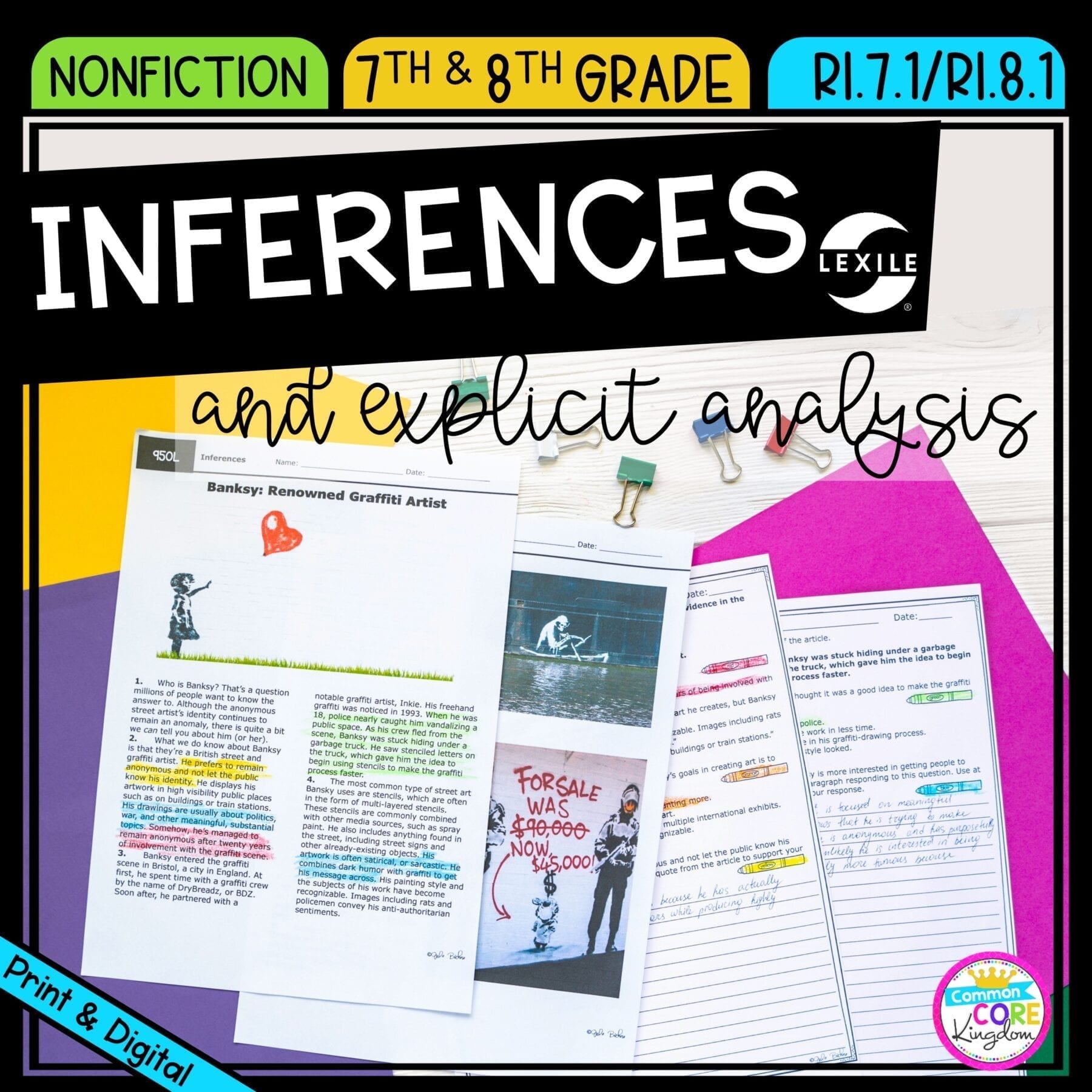 Inferences and explicit analysis cover for 7th & 8th grades, showing a reading passage and question sheets that are available in printable and digital formats