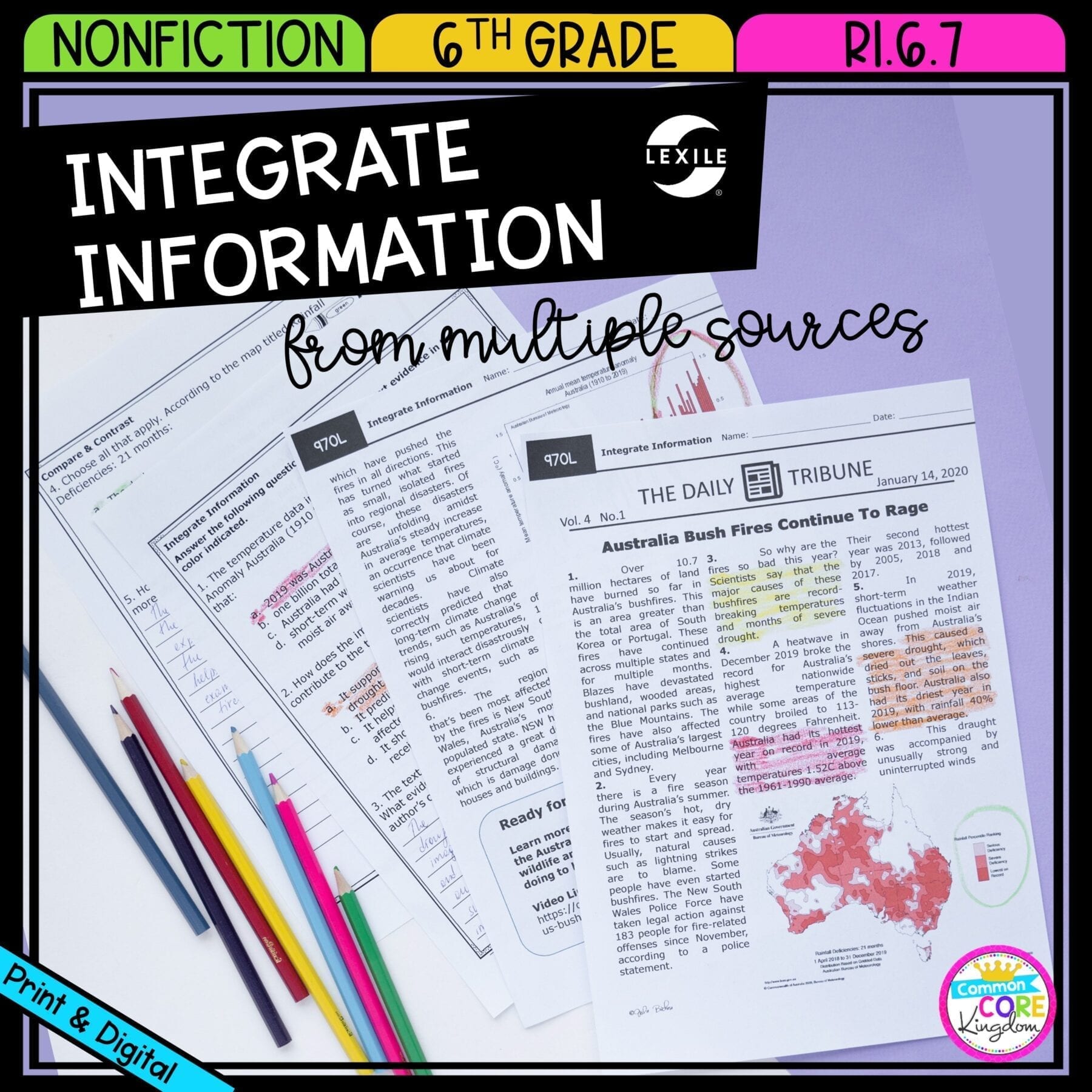 Integrate Information from Multiple Sources for 6th grade cover showing printable and digital worksheets