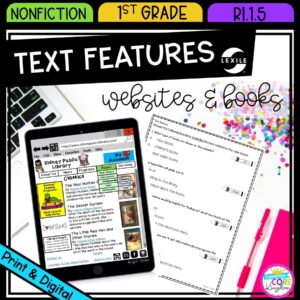 Nonfiction Text Features for 1st grade cover showing printable and digital worksheets