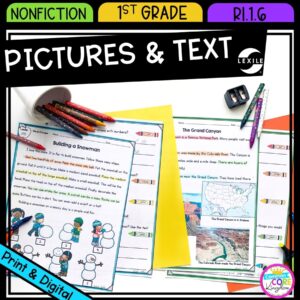Information in Words and Images for 1st grade cover showing printable and digital worksheets
