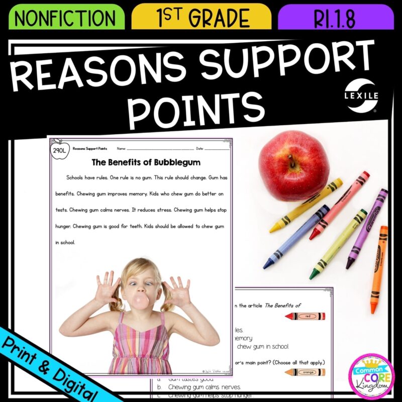 How Reasons Support Points for 1st grade cover showing printable and digital worksheets
