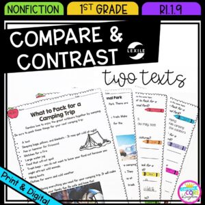 Compare and Contrast Two Texts for 1st grade cover showing printable and digital worksheets