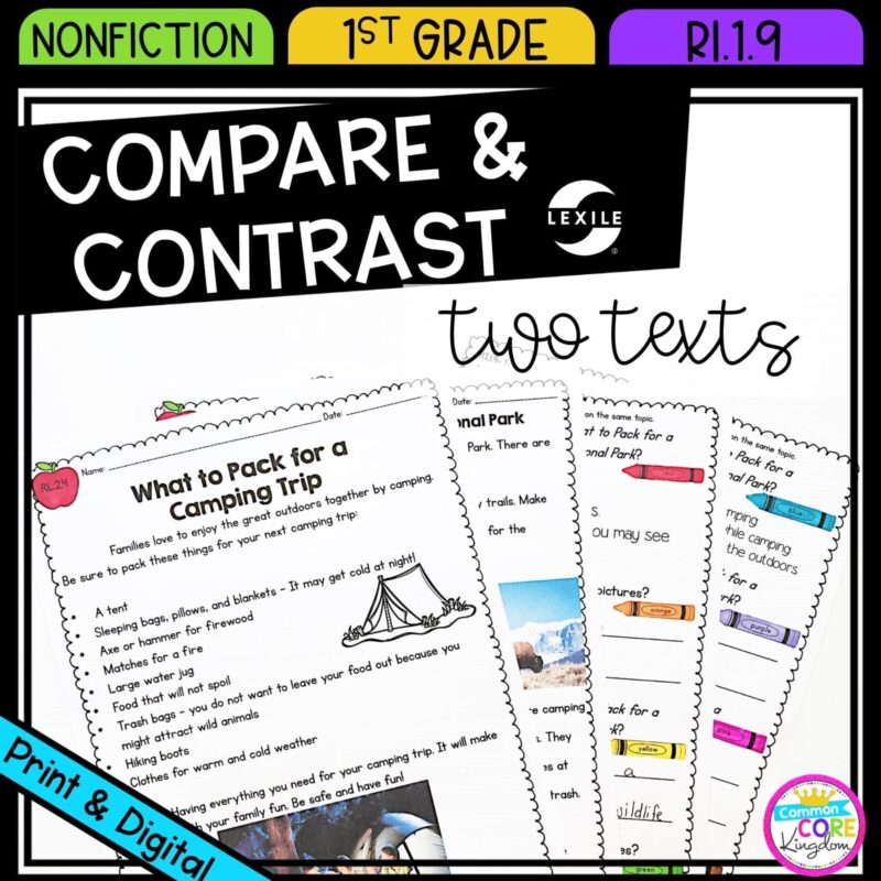 Compare and Contrast Two Texts for 1st grade cover showing printable and digital worksheets