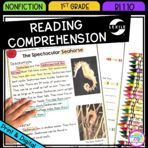 Nonfiction Reading Comprehension for 1st grade cover showing printable and digital worksheets