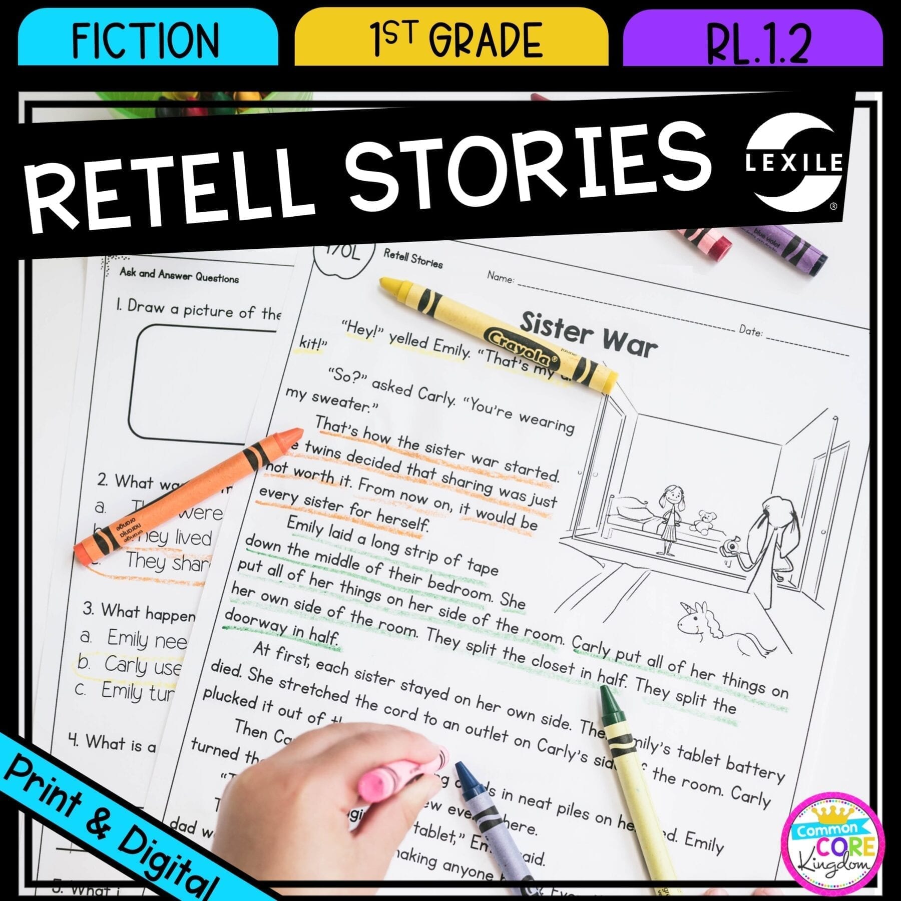 Retell Stories for 1st grade cover showing printable and digital worksheets