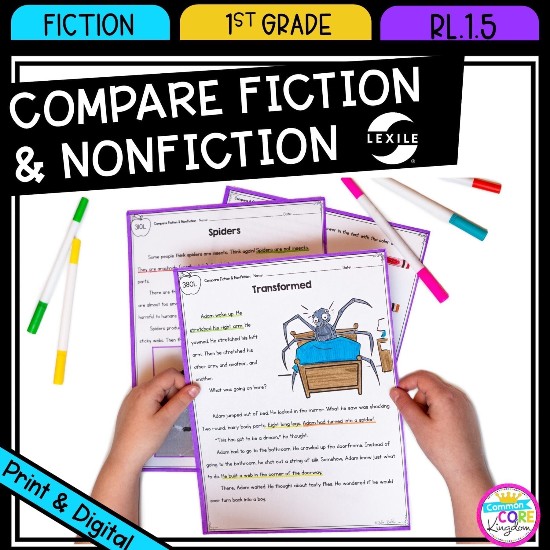 Compare Fiction and Nonfiction for 1st grade cover showing printable and digital worksheets