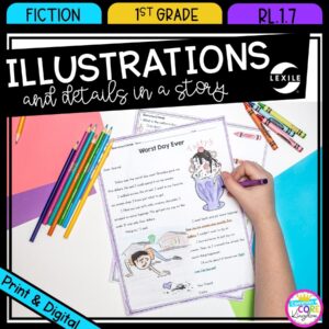 Illustrations in Stories for 1st grade cover showing printable and digital worksheets