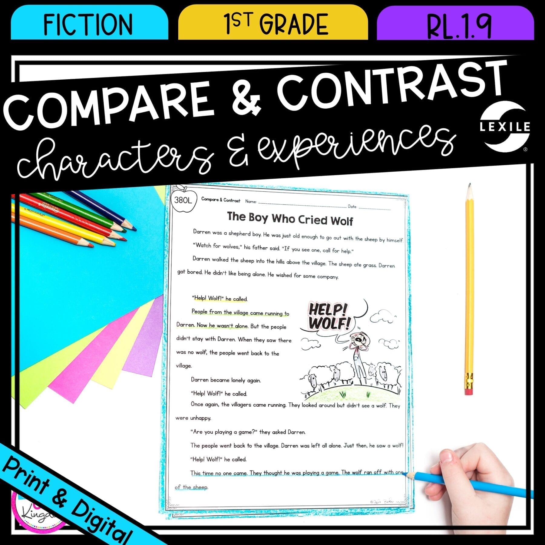 Compare & Contrast Stories for 1st grade cover showing printable and digital worksheets