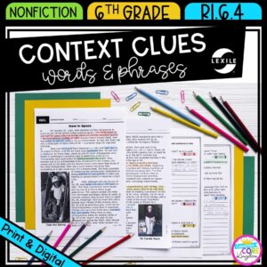 Context Clues - Figurative, Connotative, Technical Meanings for 6th grade cover showing printable and digital worksheets