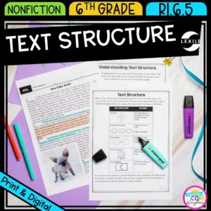 Text Structure for 6th grade cover showing printable and digital worksheets