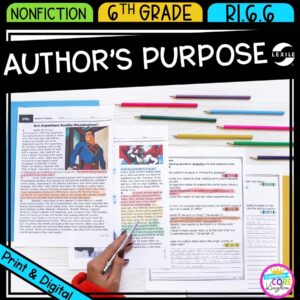Author's Purpose & Author's Point of View for 6th grade cover showing printable and digital worksheets