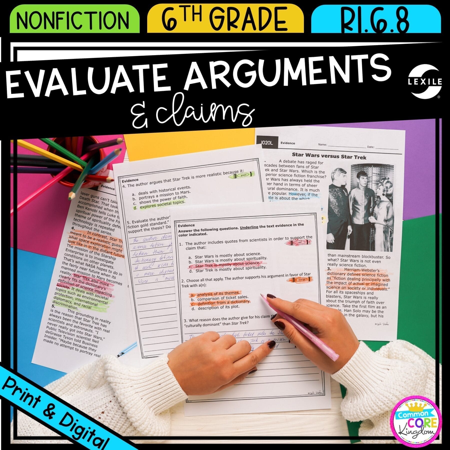 Evaluate Arguments and Claims for 6th grade cover showing printable and digital worksheets