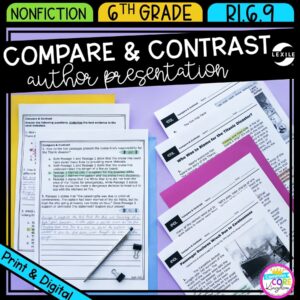 Compare & Contrast Author Presentation for 6th grade cover showing printable and digital worksheets