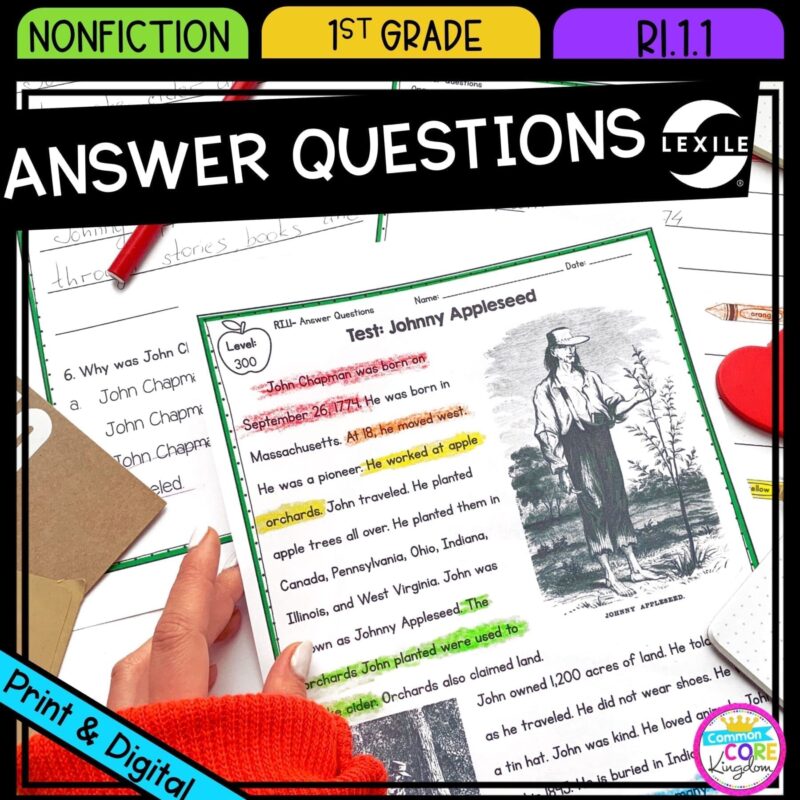 Ask and Answer Questions for 1st grade cover showing printable and digital worksheets