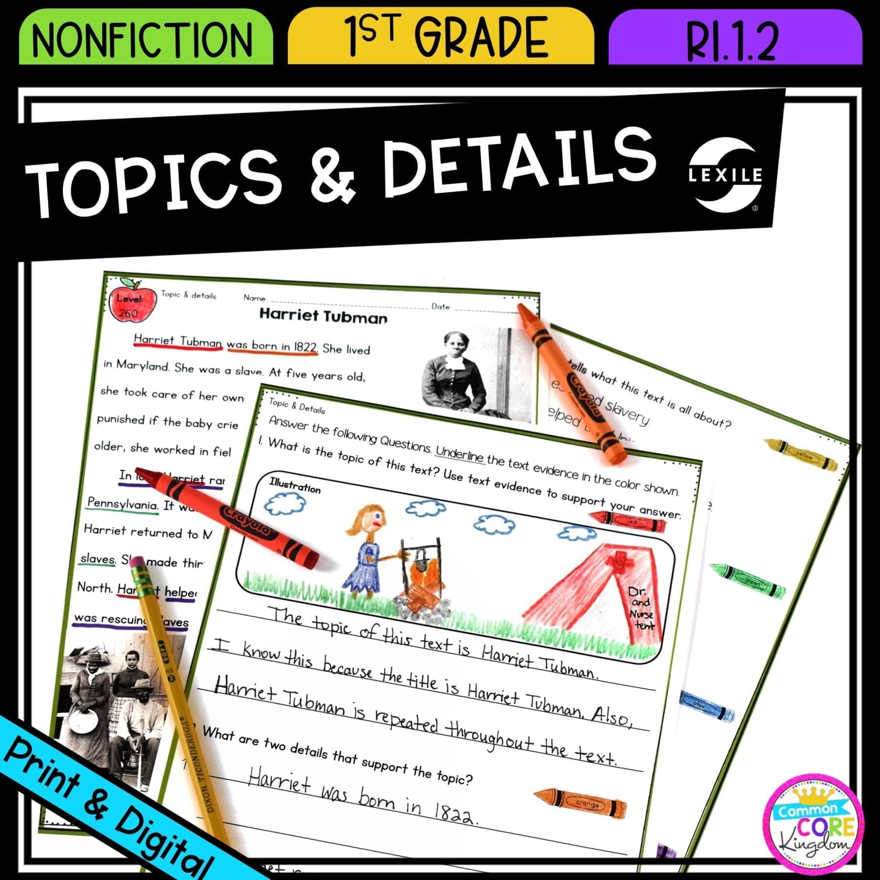 Main Topic & Details in Nonfiction for 1st grade cover showing printable and digital worksheets