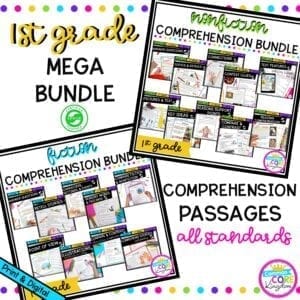1st Grade Mega Reading Comprehension Bundle cover showing multiple product covers with various printable and digital worksheets