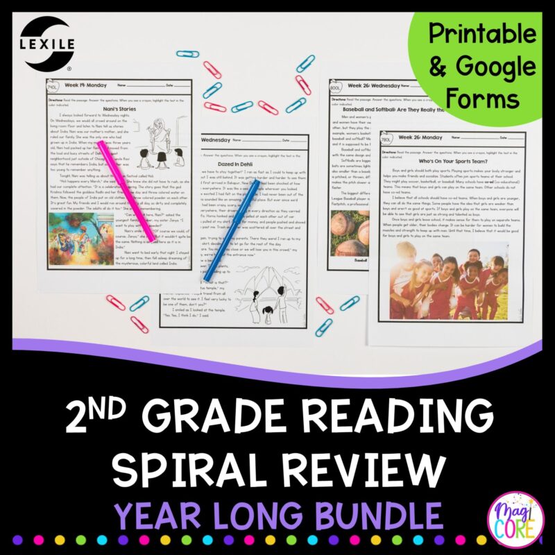 2nd Grade Reading Spiral Review with Lexile Levels - Full Year ELA Bundle