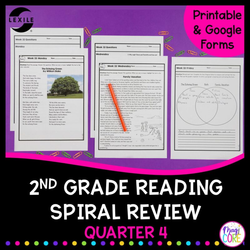 2nd Grade Reading Spiral Review with Lexile Levels - 4th Quarter ELA Practice