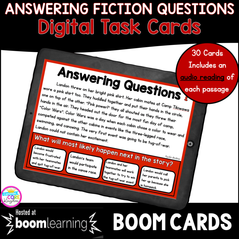 Fiction Ask and Answer Questions boom cards resource cover with a tablet showing a boom card example from the reading task cards