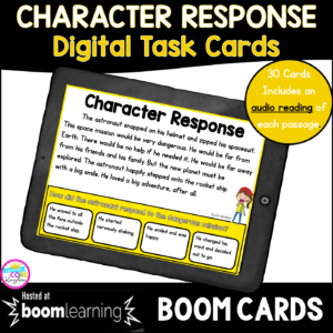Cover of Character Response Digital Task Cards for Boom Cards with tablet and image of passage with question